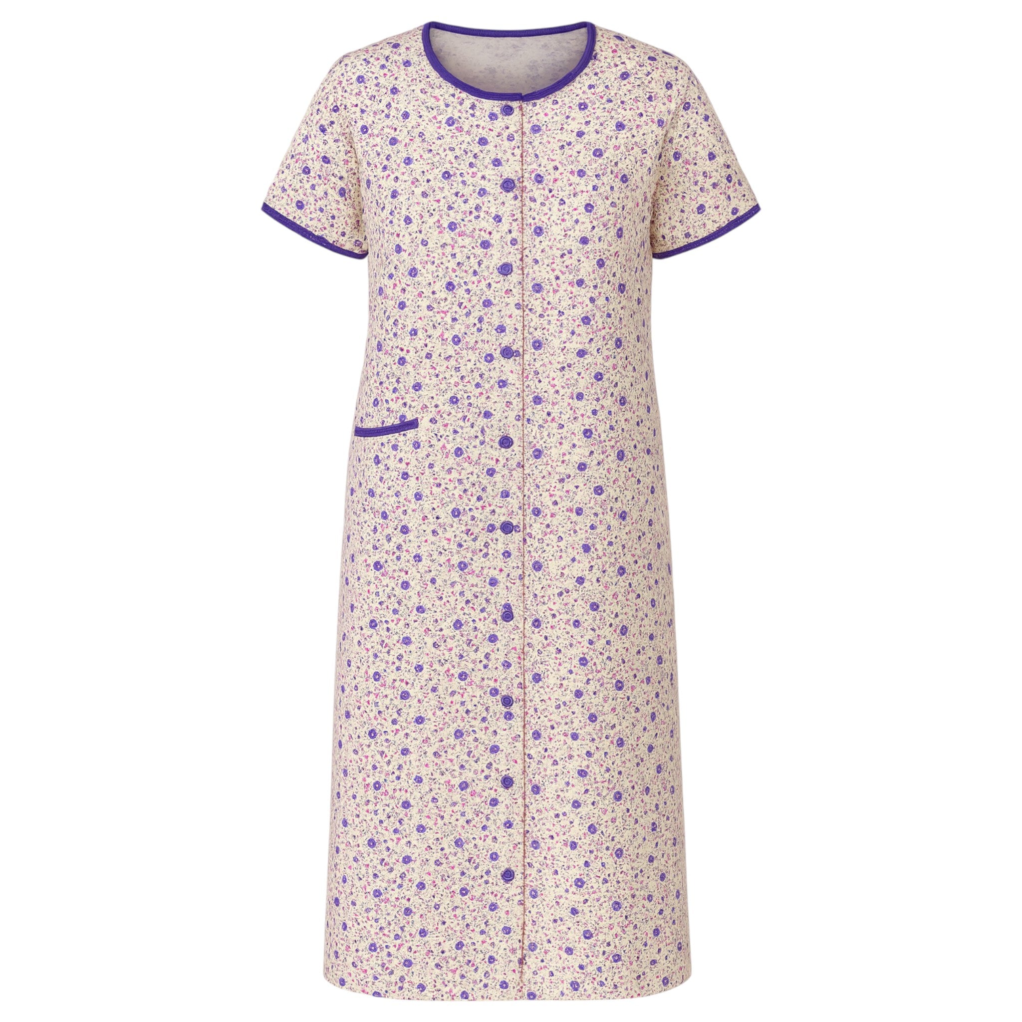 Ladies white and purple multi floral button front nightie with short sleeves and pocket